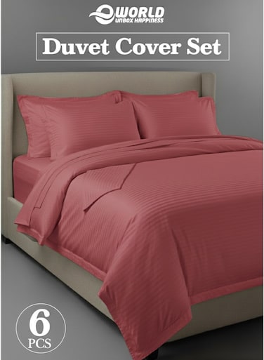 Premium Striped Duvet Set All Season &acirc;&euro;&ldquo; 6-Pieces Set Dusty Rose   King Size 220x240 cm   Ultra-Soft, Wrinkle-Resistant &amp; Made in Dubai   Includes Duvet Cover, Fitted Sheet (200x200 cm) &amp; 4 Pillowcases (50x70 cm)