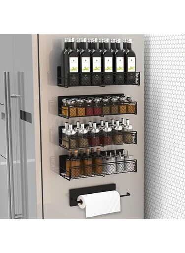 U-HOOME Magnetic Spice Rack for Fridge Side Shelf Organizer,4 Pack Metal Magnetic Fridge Shelf&amp;Paper Towel Holder For Kitchen Organization And Storage Space Saver Container for Apartment (Black)