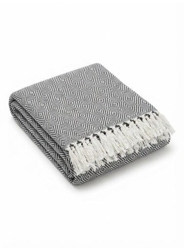 130 x 160 cm Cotton Diamond Tessel Throw Blanket in Charcoal Grey Versatile Decorative Boho Woven Tassel Cover for Couch Sofa Bed Travel and Picnic