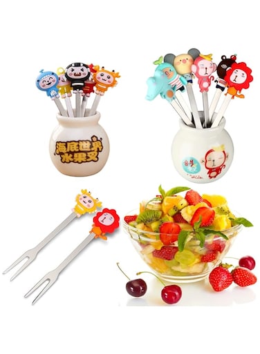 MAKINGTEC Fruit Fork, Cartoon Animal Silicone Handle Stainless Steel Kids Salad Fork, Reusable with Ceramic Storage Jar Food Toothpicks Suitable for Fruit Salad Dessert Snacks (2 Sets)