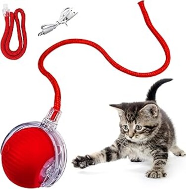 Cxqbsmy Interactive Cat Toy Ball, Automatic Moving Rolling Play Cat Toys with Rope, 360&deg; Rotating Rolling Ball Pet Toy with Usb Charging and LED Lights for Pet Kitten(Red)