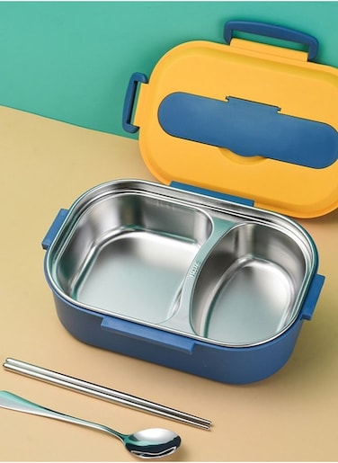 304 Stainless Steel Lunch Box for Kids Child Student Boys Deep Capacity Bento Box with 2 Compartments and Cutlery Included Blue