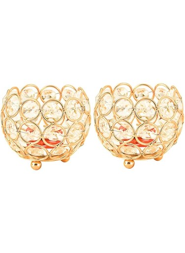 S SYMEFER Crystal Gold Candle Holders Set of 2 Tea Light Metal Bowl Luxurious Candlestick 9.5cm Tall Candle Stand Ornaments for Christmas Living Room Wedding Table Centerpieces
