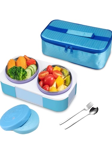 Stainless Steel Lunch Box for Kids Adults,Insulated Bento Lunch Box with Tableware &amp; Bag,800ML 2 Compartment Divided Lunch Containers with Lids,Leakproof   BPA Free   Dishwasher Safe（800ML,Blue）