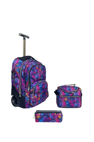 3-Piece Rolling School Set, 18-Inch Wheeled Backpack with Matching Lunch Bag and Pencil Case.(Pink Blue Geomatric Print)
