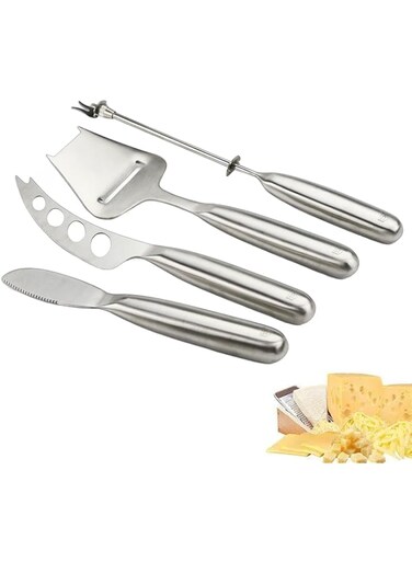 nalaina 4 Pcs Steel Stainless Cheese Knife Set Include Cheese Wire Cutter, Cheese Spreader, Cheese Slicer and 4 Holes Cheese Knife for All Types of Cheese