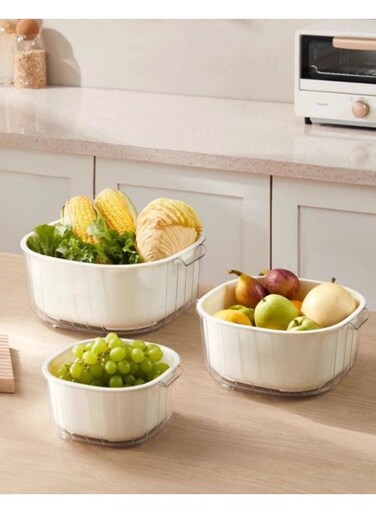 &atilde;&euro;3-Piece Set&atilde;&euro;&lsquo;White Double-Layer Colander Set, PP+PET Food-Grade Vegetable Washing Bowl, Three Sizes With Side Handles, Kitchen &amp; Living Room Multi-Purpose