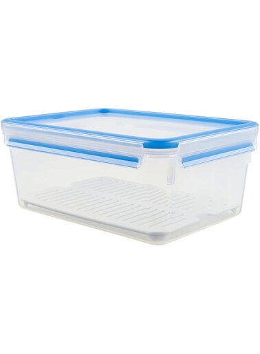 Emsa 512888 Clip &amp; Close box with drip grid, 26.3 x 19.5 x 11 cm, 3.7 l, transparent/blue