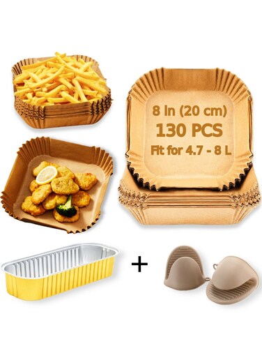 Utility 130PCS 8in 20cm Square Air Fryer Parchment Liners + Bonus: Silicone Tongs &amp; Disposable Tins! Non-Stick, Oil-Resistant &amp; Food-Grade Baking. Perfect for 4.7-8L Fryers.Bake,Roast &amp; Microwave.