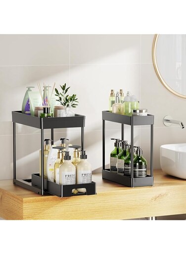 2 Pack Under Sink Organizers Pull Out Sliding Drawer, 2 Tier Multi-Purpose Bathroom under the sink Organizer, under &amp; top kitchen Shelf Storage Rack Cabinet Organizer Under Sink Organizer (Black).