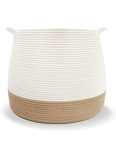 Blinggo Large Woven Basket, Cotton Rope Laundry Basket with Handles, Decorative Organizer for Nursery Storage (Barrel)