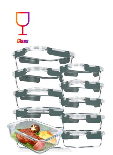 Glass Meal Prep Containers (10 pcs Rectangle) - Glass Food Storage Containers with Lids, Glass Lunch Box, Portion Control, Airtight, Glass Bento Box Lunch Containers- 10P Rectangle Grey
