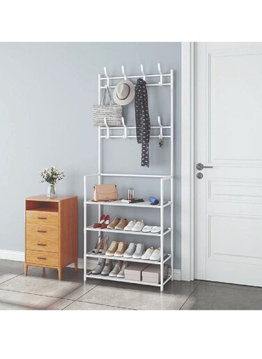 Dreamons link Coat Rack Shoe Rack,Storage Shelf with 4-Tier Shoe Organize ,Clothes Rack with 8 Hooks Hanging, Entryway Hall Trees Hanging and Storage (White)&hellip;