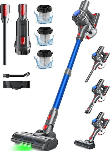 Cordless Vacuum Cleaner, 50 Mins/40 KPA, Battery Vacuum Cleaner with Geen LED, Wireless Cleaner with Upgraded Floor Brush, Vacuum Cleaner Battery for Pet Hair, Blue