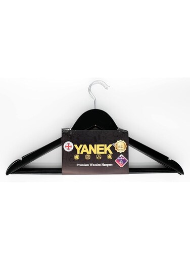 YANEK Solid Wood Hangers   Non-slip with Notches (Black, 6)