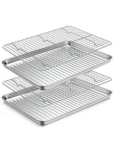 Angju Stainless Steel Baking Sheet with Rack Set [2 Pans + 2 Racks], Cookie Sheet with Cooling Rack, Size 31.5*24.5*2.5cm, Non Toxic &amp; Heavy Duty &amp; Easy Clean