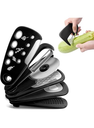 Big Bargain Store 6 PCS Knife Set, Kitchen Gadget set, Chef Gadget, Stainless Steel, Sharp, Portable, 6 in 1, Including Grater, Pizza cutter, Can Opener, Peeler, Vegetable Shaver, Herb Slicer(Black)