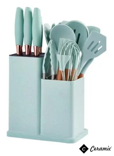 Utensils Set of 19 Silicone Cooking Utensils with Holder Non stick Cookware Friendly And Heat Resistant mint/teal