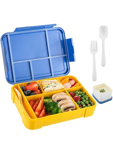 Aowin Bento Lunch Box for Kids,Leak-proof Lunch Containers with Sauce Box &amp; Fork &amp; Tablespoon,Portable LunchBox with 6 Compartment,Reusable Lunch Snack Container for School,Nursery,Trips (Blue)