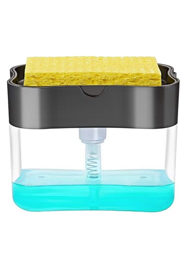 Dish Soap Dispenser for Kitchen + Sponge Holder 2-in-1 Dish Washing Counter Top Soap Dispenser, Premium Quality Soap Dispenser Sink Pump Dispenser Soap, Instant Refill, Durable A-Dark Gray
