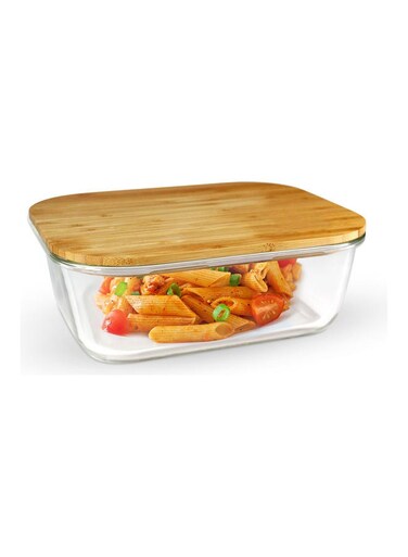 Rectangular Glass Food Container With Bamboo Lid Clear With Brown Lid 640ml