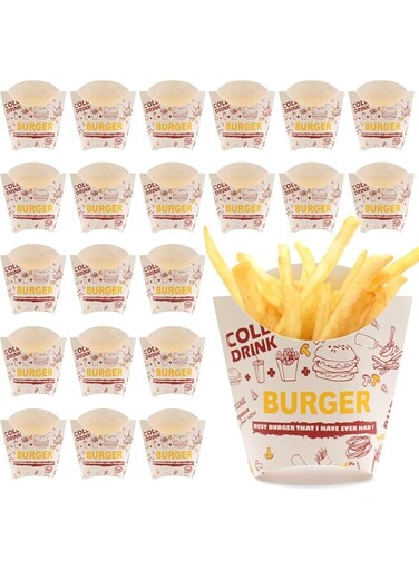 NALACAL 100PCS French Fry Box, French Fries Holder Cardboard, French Fry Cups Paper, Burger Container Snack Bags, Clear Pattern Stand Packaging, Fast food Takeout for Party Charcuterie Home