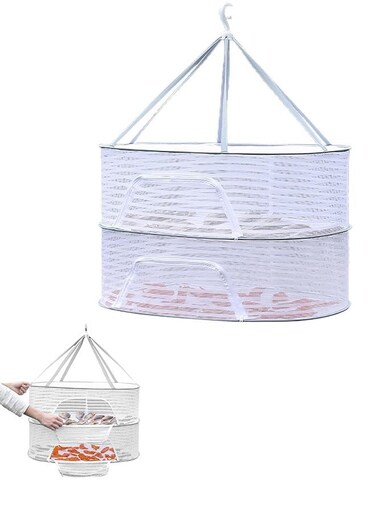 2 Layer Hanging Drying Mesh for Dry Clothes Basket,Foldable for Plants,Drying Fish, Foods Hanging Drying Net (White, 2 Layer)