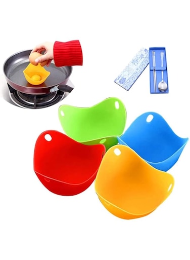 SYOSI 4 Pack Egg Poacher Cups Silicone Egg Poacher Multi Coloured Poach Egg Pods Molds Work with Egg Poacher Pan, Cookware, Boiler Steamer, Microwave with 1 Chopsticks 1 Spoon