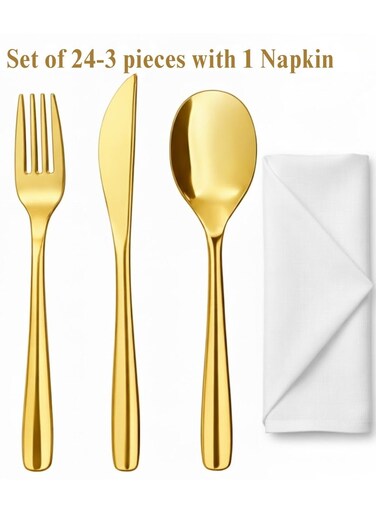 Set of 24 &acirc;&euro;&ldquo; Plastic Disposable Cutlery Set 3 pieces with 1 Napkin, Premium Gold includes 1 Fork, 1 Spoon, 1 Knife with Napkins, Heavy Duty Metallic Gold Party Tableware Utensils for Wedding, Birthday, Catering, Picnic &amp; Events