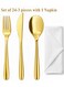 Set of 24 &acirc;&euro;&ldquo; Plastic Disposable Cutlery Set 3 pieces with 1 Napkin, Premium Gold includes 1 Fork, 1 Spoon, 1 Knife with Napkins, Heavy Duty Metallic Gold Party Tableware Utensils for Wedding, Birthday, Catering, Picnic &amp; Events