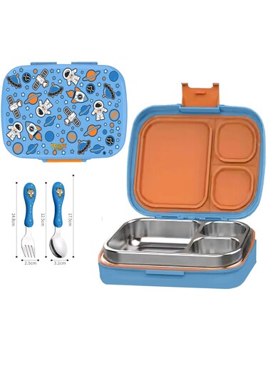 attack Kids Bento Lunch Box with Spoon &amp; Fork &acirc;&euro;&ldquo; Leakproof 3-Compartment Stainless Steel Lunchbox for Boys &amp; Girls &acirc;&euro;&ldquo; BPA-Free, Cute Cartoon Design, Easy to Open, Ideal for School &amp; Daycare Astro theme
