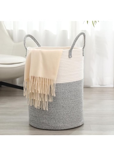 Tikwoork Round Cotton Rope Storage Basket Bin Organizer Laundry Hamper with Handles,Tall Laundry Basket Hamper,Blanket Basket for Living Room, Storage Baskets for Toys, Towel, Throw, Pillow(Grey)