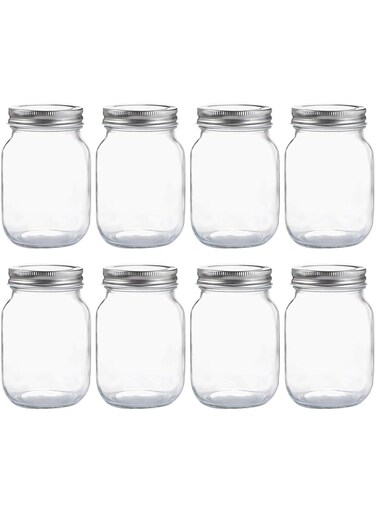YINGERHUAN Glass Regular Mouth Mason Jars, 16 oz Clear Glass Jars with Silver Metal Lids for Sealing, Canning Jars for Food Storage, Overnight Oats, Dry Food, Snacks, Candies, DIY Projects (8PACK)