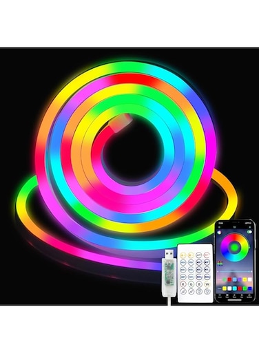 YUHUF-USB RGB-IC Neon Strip Lights 3m/10ft,Waterproof LED Rope Light Control with App/Remote,Music Sync Flexible DIY Multiple Modes,Outdoor Neon Strip Lights for Bedroom Gaming TV Decor