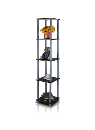 FURINNO Turn-N-Tube 5-Tier Corner Square Rack Display Shelf, Round, Black/Grey