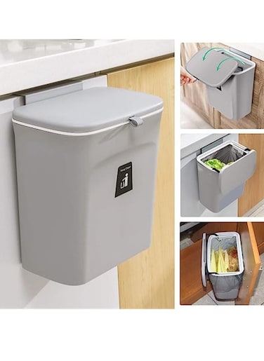 9L Kitchen Compost Bin for Counter Top or Under Sink, Hanging Small Trash Can with Lid for Cupboard/Bathroom/Bedroom/Office/Camping, Mountable Indoor Compost Bucket, Gray