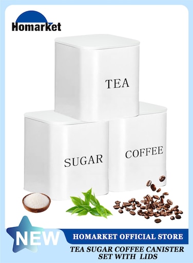 3 Pack Coffee Tea Sugar Container Set White Iron Square Kitchen Canister Set with Name Marker Sugar Organizer 3PCS Kitchen Storage Jars, Tea Storage Box, Coffee Storage Jars