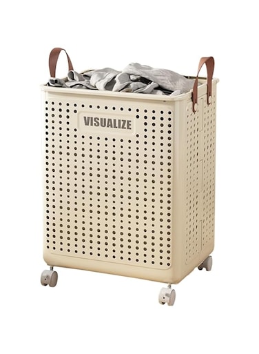 XVersion Foldable Laundry Storage with Wheels,Collapsible Bucket Laundry Hamper,Plastic Basket Laundry Bin Container,Multi purpose Organizer Clothes Storage Washing Basket for Home (Cream White)