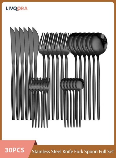 30-Piece Stainless Steel Knife Fork Spoon Full Set Black for Home Office Restaurant Hotel ,Dishwasher Safe