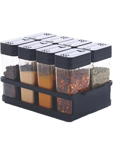 TASMAX 8 Pcs Sets Airtight Masala Box For Kitchen Masala Container For Kitchen Spice Jars Multi Storage Container For Kitchen Easy Flow Spice Storage Container With Tray Spice Jars - Plastic, Black