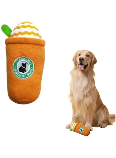 PETSARY Starbarks Frenchie Roast Coffee Cup Shaped With Straw Dog Toy - Unique Squeaky Parody Design Plush Dog Toy - Soft Bite-Proof Stuffed Teething - Puppies Cup Small Medium for All Breeds - Brown