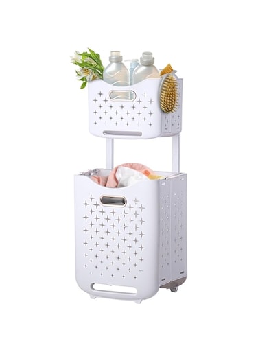 Laundry Basket Large Foldable 40L with Handle, Collapsible Handled Plastic Washing Clothes Laundry Bin Container, Multi purpose Organizer Storage Washing Basket for Home (White-Gold)