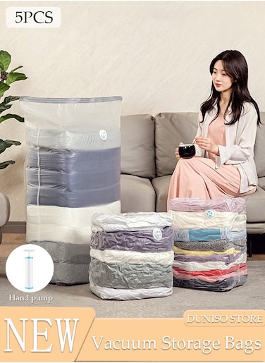 Vacuum Space Saver Bag, 5 Pack Small Size Reusable Vacuum Storage Bag(70 x 50 x 32 cm), Vacuum Seal Storage Bag with Hand Pump, Suitable for cotton quilt, blanket, clothing