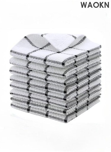 8 Pieces Kitchen Absorbent Dish Cloths scouring pad, Cotton Dish Towels, Quick Drying Reusable Cleaning Towels Tea Towels, Nonstick Oil Washable Rags, Multi Purpose Dish Towels for Kitchen, Black white Plaid.