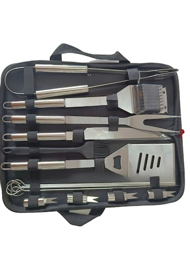 15-Piece Stainless Steel BBQ Accessories Set with Storage Bag Black