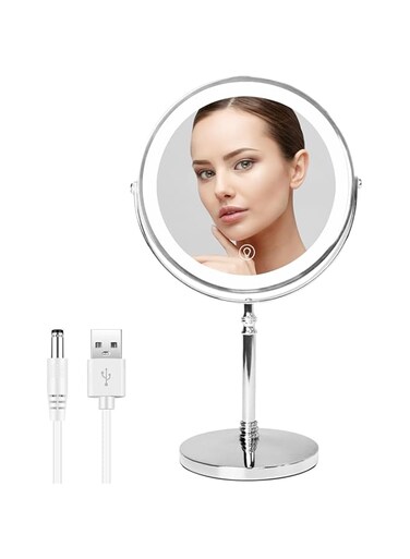 BEWITU Countertop Vanity Mirror， 8&#39;&#39; Rechargeable 1x/10x Magnifying Mirror with Lights，3 Color and Brightness Adjustable, Touch Control 360&deg; Rotation Light up Mirror (Silver)