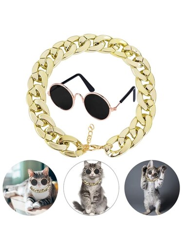 Legendog Cat Sunglasses Set, 2pcs Cat Gl &amp; Gold Chain, Multicolor with Gold Accents, Animal Print, Durable, Suitable for Small Cats &amp; Dogs