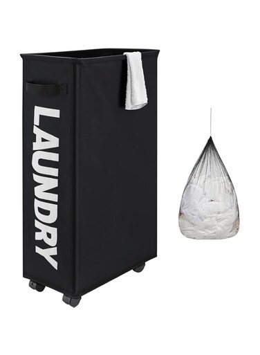 YumLock Rolling Slim Laundry Basket on Wheels - Collapsible, Waterproof, and Portable - 42L Capacity - Tall &amp; Slim Design for Small Spaces, Home Corner Clothes Storage Bin, Black