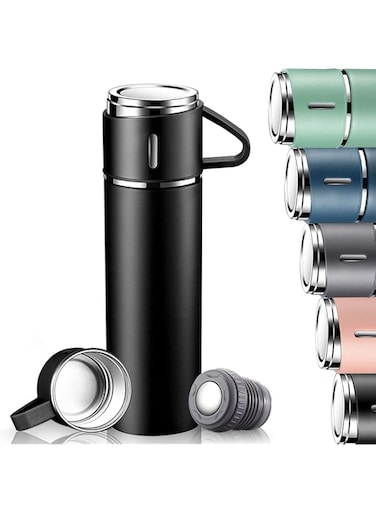 TERRIFI Water Bottle 500ml Vacuum Flask, Insulated Travel Mug with Leakproof Lid and Handle, Reusable Drinks Bottles Stays Coffee Tea Hot and Cold Up to 12 Hours for Work Sports Camping Cycling, Black