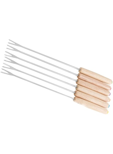 Fondue Forks, Long Fork 6pcs Stainless Steel Fondue Forks Cheese Fondue Sticks Fondue Sticks with Wooden Handle for Chocolate Cheese